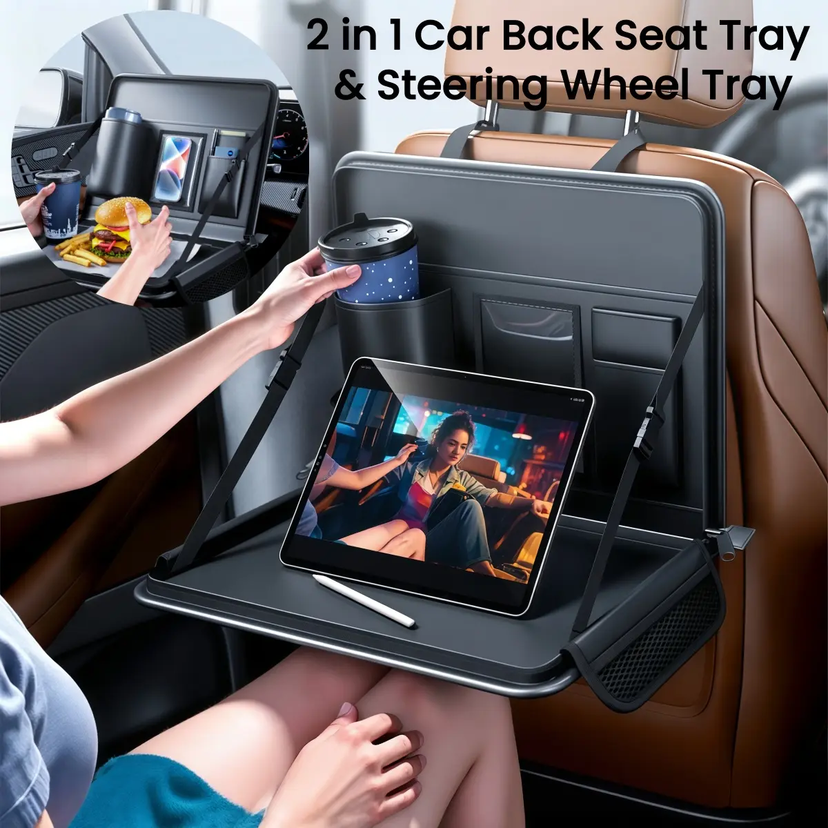 2 in 1 Car Back Seat Tray & Steering Wheel Tray, Foldable Car Laptop Desk Travel Food Tray Table with Storage Pockets Bag & Cup Holder for Eating Working Reading, Universal For BMW Chevrolet Ford Honda Jeep Nissan Toyota Mercedes-Benz Hyundai Volkswagen