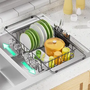 Expandable Dish Drying Rack in Sink, Dish Drainers for Counter, Inside Sink, Over The Sink with Utensil Holder, Black