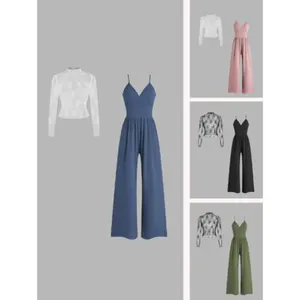 Lace Tee Overalls Jumpsuit Set Solid Color Fitted Zipper Back Long Sleeve Daily Outdoor Wear Spring Fall Minimalist Fabric Soft