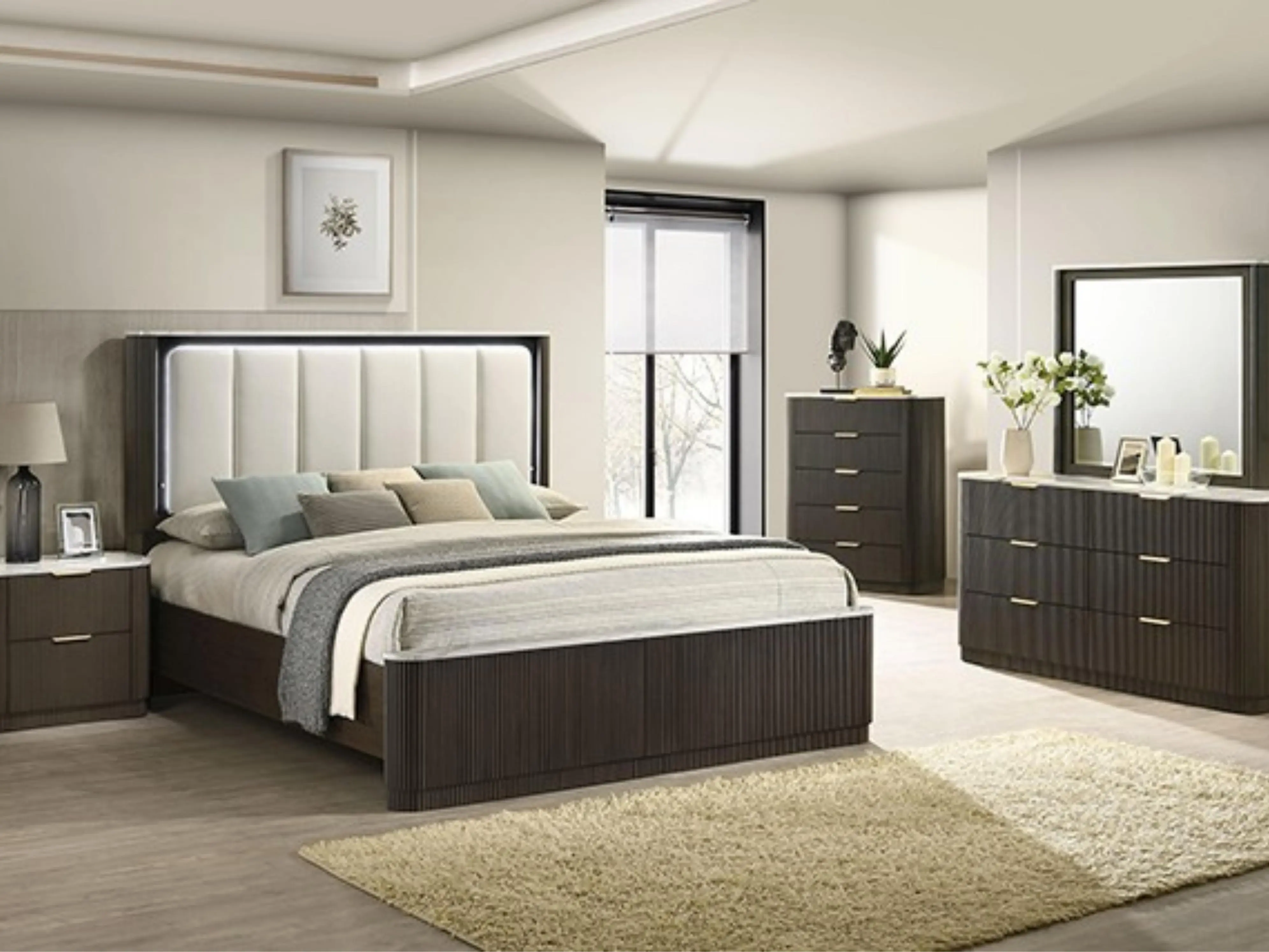 FM72014DW-4PC 4 pc Lantrisant dark walnut finish wood reeded LED accent lighting padded headboard queen bedroom set
