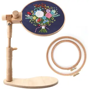 Beech Wood Adjustable Rotated Embroidery Hoop Stand with 2 Pcs 6'' 8'' Embroidery Hoops Wooden Embroidery Hoop Holder for Cross Stitch and Embroidery Project