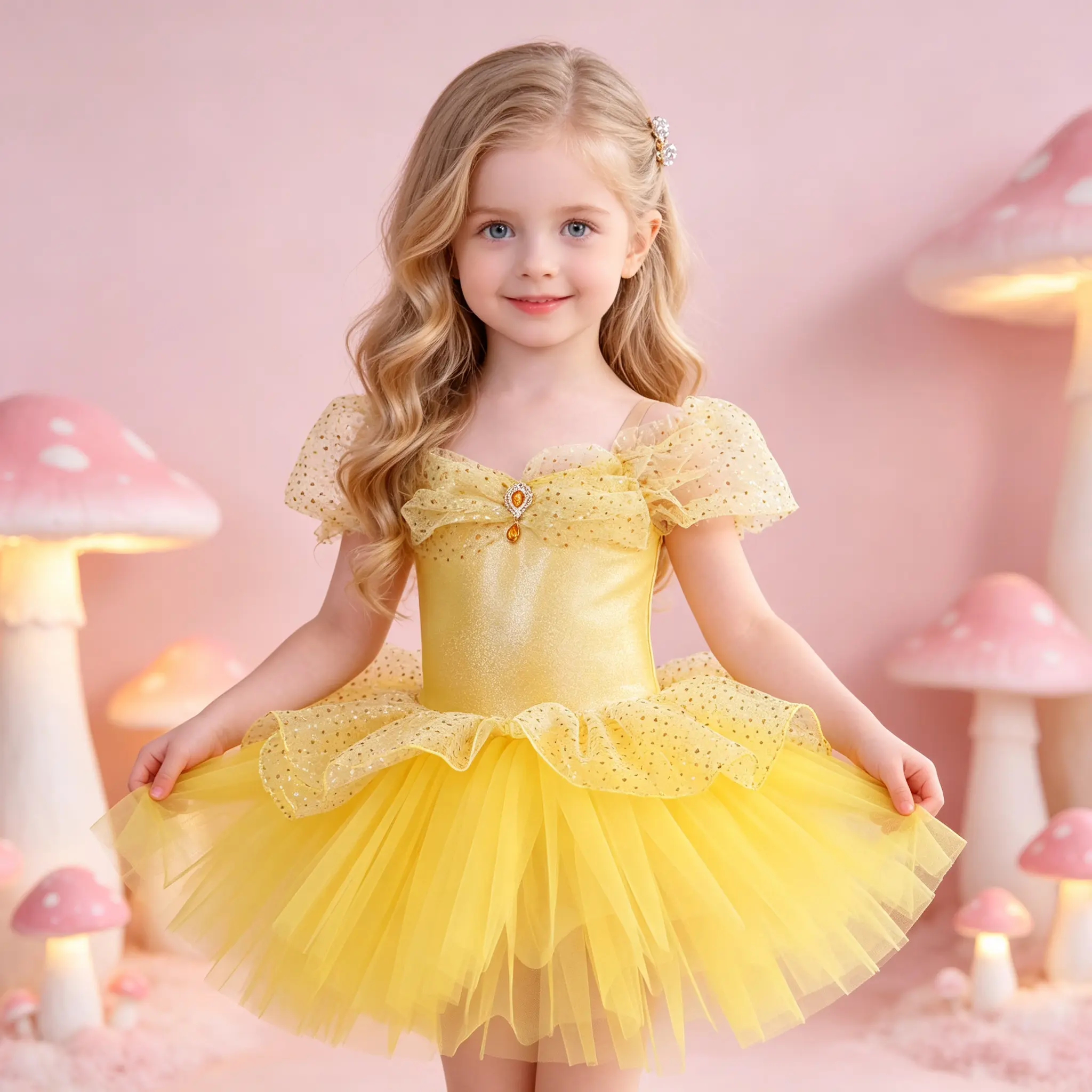 Golden Yellow Princess Ballet Tutu Dress for Toddler Girls, Glitter Dot Puff Sleeve Dance Leotard with Rhinestone Bow, Fluffy Multi-Layer Yellow Tulle Skirt,Recital Stage Show Birthday Party Photoshoot