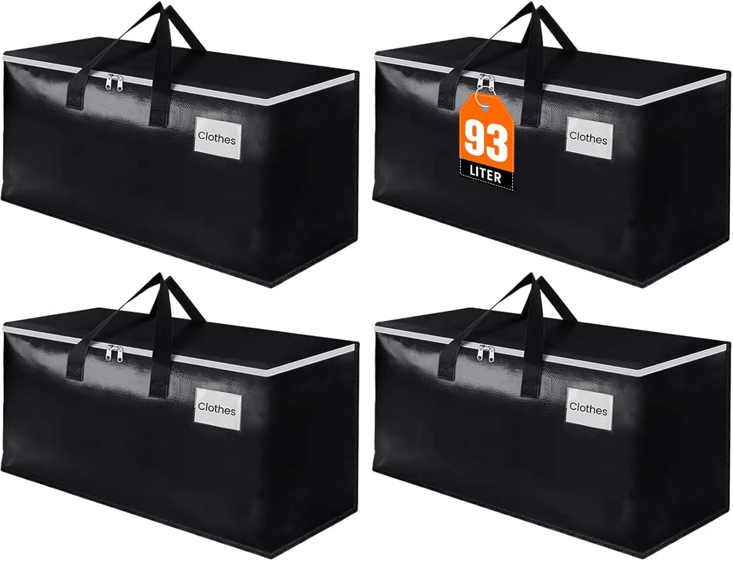 Extra Large Moving Bags – 93L Storage Totes with Zipper, Handles & Tag Pocket for Moving, Camping & Travel, 4 Pack