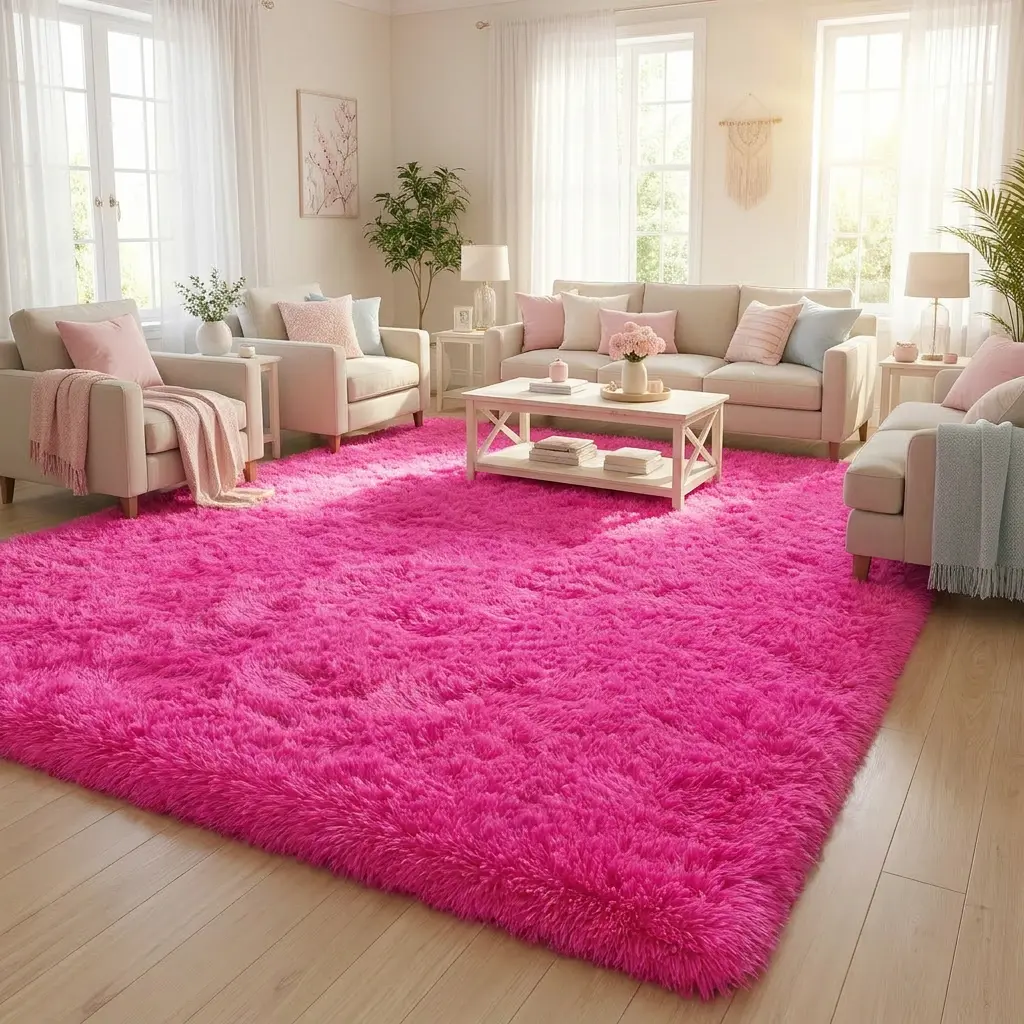 XEXSIN Large Hot Pink Polyester Area Rug - Fluffy Fuzzy Texture Shaggy Fiber Carpet for Living Room Decor, Home Spaces