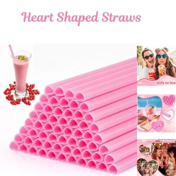60 Pack Heart Shaped Straws, Disposable Pink Plastic Drinking Straws Individually Wrapped, Cute Party Straws for Valentine’s Day, Weddings, Birthdays, Baby Shower & Romantic Party Decorations