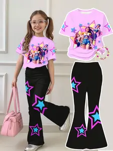 2 Piece Set Girls Cartoon Print Loose Round Neck Short Sleeve T-Shirt and Bell Pants, Spring Summer Casual, Daily Wear
