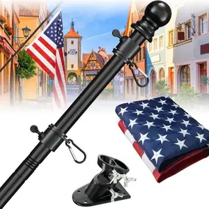 7Ft Black Barcetine Flag Pole Set & US Embroidered Banner Kit, Heavy Duty, Anti Tangle, Stainless Steel Mounting Bracket, Water Resistant American Flag