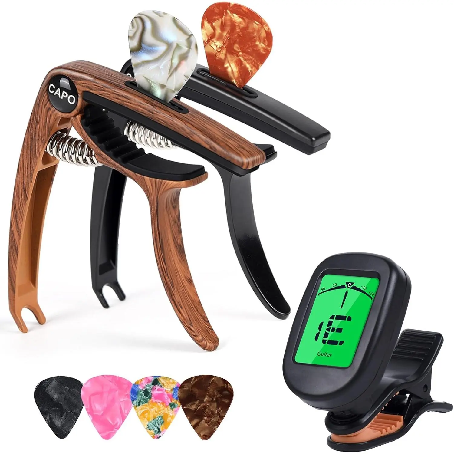 Quick Release Guitar Capo 2-Pack with Tuner - Buzzing-Free for Acoustic, Electric Guitars & Ukulele, Bass - Includes 4  Picks (Rosewood and Black)