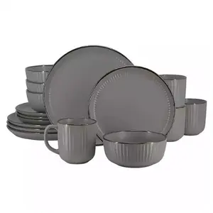 Dark Gray Leo Stoneware 16-pc Dinnerware Set with 4 Dinner Plates 4 Salad Plates 4 Cereal Bowls & 4 Mugs Dishwasher Safe Microwave Safe