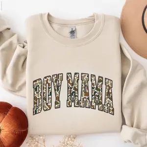 Camo Boy Mama Sweatshirt - Bold Varsity Mama Front Print , Boy Mom Pullover For Women , Cozy Everyday Outfit For Game Day School Run And Family Weekend , Motherhood Gift Idea , Trendy Crewneck For Moms Cotton Fabric Womenswear Casual Soft Tops