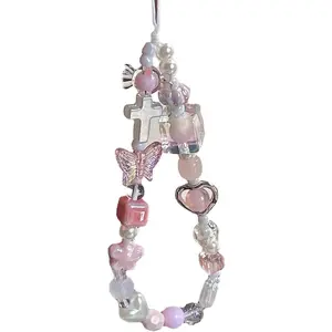 Cute Phone Charms Aesthetic Punk Cross Butterfly Beaded Phone Strap Y2K Cell Phone Charms Cute Accessories for Phone Bag Keychain Camera Pendants