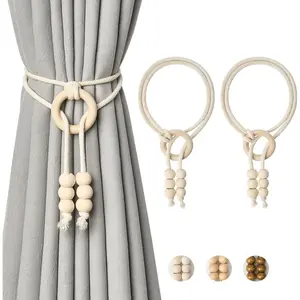 2 Pack  Cotton Rope Curtain Tiebacks Boho Style Decorative Drape Tie Backs Elegant Hand Woven Rope Curtain Holdbacks with Wooden Ring for Home & Office Window Drapery (B-)
