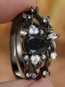 2 pcs/set Fashion Luxury Geometric Design Ring Black Synthetic Zirconia Black Vine Women's Ring Sets Ladies Engagement Rings Promise Rings Premium Sense Women's Jewelry Cubic Zirconia Rings Beautiful Rings