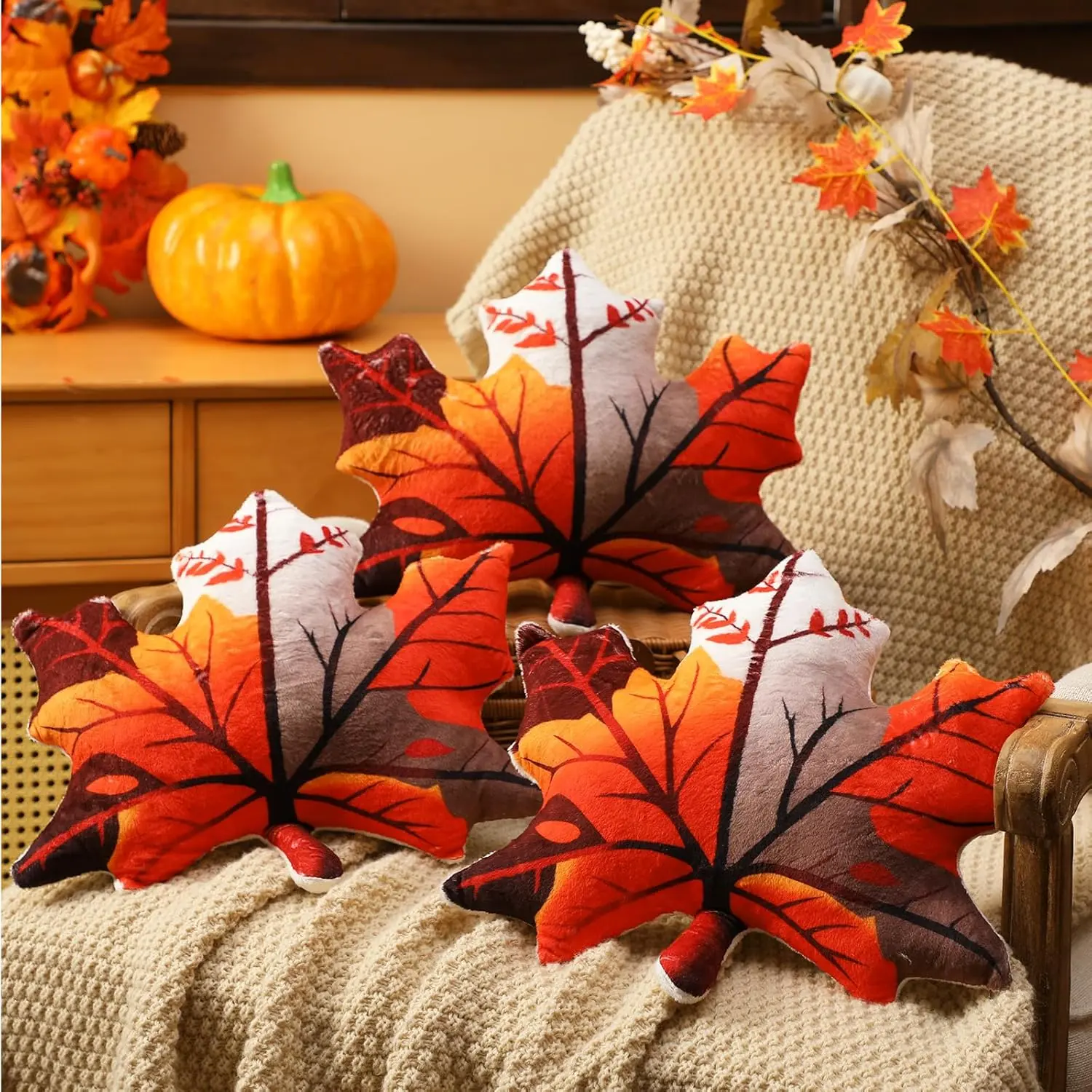 3 count Fall Throw Pillow 12 Inch Thanksgiving Pumpkin Maple Leaf Shaped Throw Pillow 3D Stuffed Rustic Autumn Party Gifts Cushion Decorative for Bedroom Couch Sofa Room Decor (Maple Leaf)