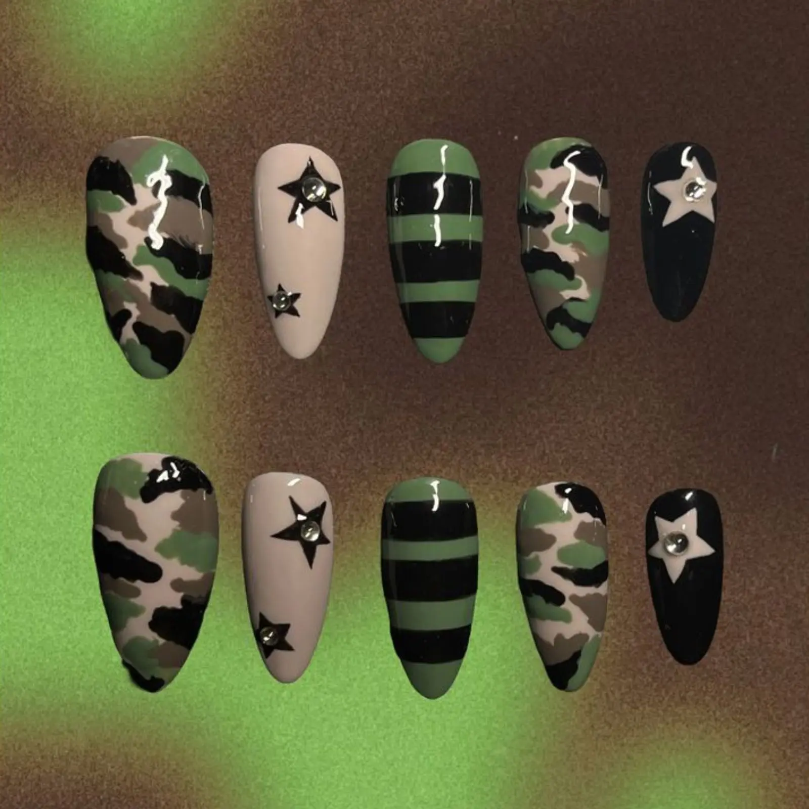 Trendy Star Camo Print Press On Nails, Green Camouflage Streetwear Nail Art