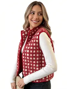 A women's red and white plaid lamb fleece sleeveless Fitted vest, its cute and casual style is suitable for relaxed occasions such as daily outings, coffee shop dates, and light outdoor strolls in autumn and winter.