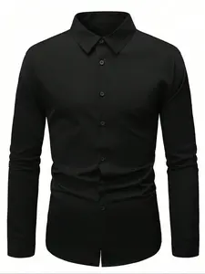 Men's High-Quality Long Sleeve Shirt with Button, Solid Color Business Casual Fitted Shirt with Gold Crown Pattern, Wrinkle-Free and Stain-Resistant, Comfortable Fit and Easy Care, Available in Multiple Colors, Top