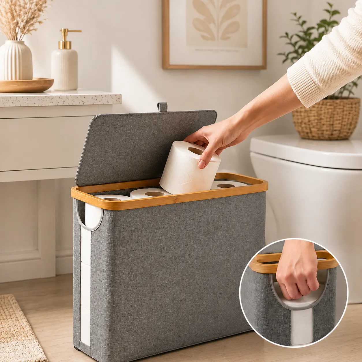 Free-Standing Waterproof Toilet Paper Storage Basket with Lid - Classic Bathroom Accessory for Bathroom Tissue Organization