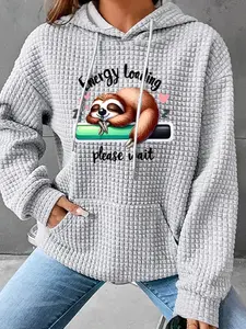 Women's Trendy Hooded Sweatshirt with Sloth & Letter Print, Long Sleeve Pullover with Pocket, Casual Winter Wear