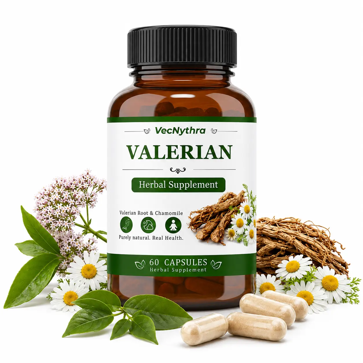 Valerian Root Formula Herbal Supplement Capsules - 450mg Valerian Root Extract, 200mg Chamomile Extract, 100mg L-Theanine per Serving, 60 Vegetable Capsules, 30 Servings
