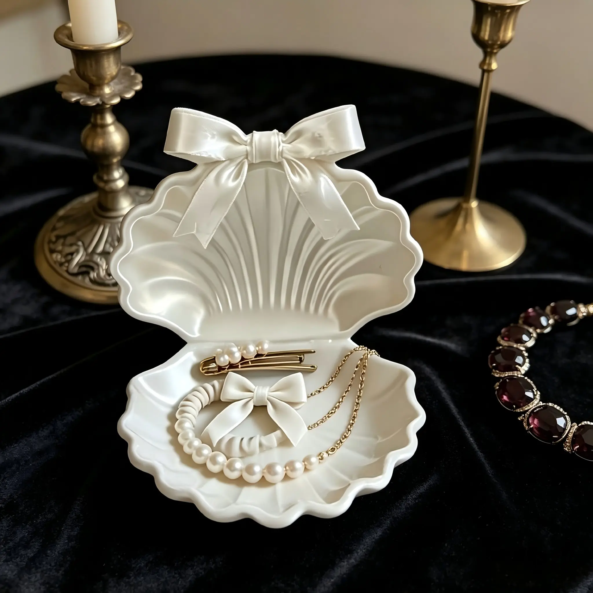 3D Printed Pearl Shell Jewelry Box, Elegant Shell Storage Box with Bow, Ideal for Dressing Table, Bedroom, Bathroom, Desktop Decor, Gift for Women and Girls, Decorative Storage Organizers