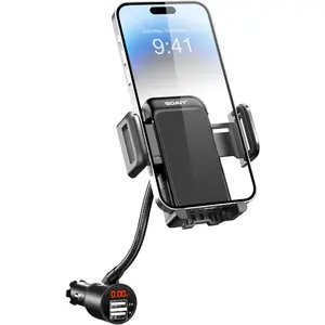 3-in-1 Cigarette Lighter Car Mount, Voltage Detector (Not for Center Console & Window), Dual USB 3.1A Charger with Adjustable Gooseneck and 360° Rotating Car Mount Cradle for Phones 1.7-3.7 in Wide