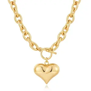 Women's Simple Stylish Long OT Chain Clasp Fluffy Heart-Shaped Pendant Locket Necklace - Love-Themed Costume Jewelry for Daily Wear
