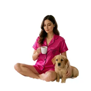 Women's Satin Pajama Set Summer Short Sleeve Heart Embroidery Button Shirt Shorts 2 Pieces Set Loungewear Sleepwear Shortsleeve Pyjamas Comfort Pjs Homewear Lady Womenswear Soft Chic Elastic Elegant Smooth Style Fabric Casual Cute Pajama Set Fit Matching