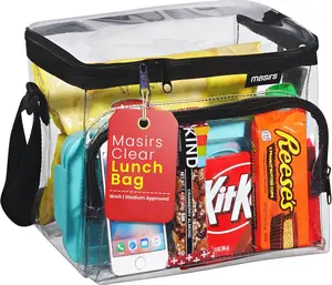 Clear Lunch Bag, Durable PVC Plastic See Through Lunch Bag with Adjustable Shoulder Strap Handle for Prison Correctional Officers, Work, School, Stadium Approved, Freezer Proof, (Large)