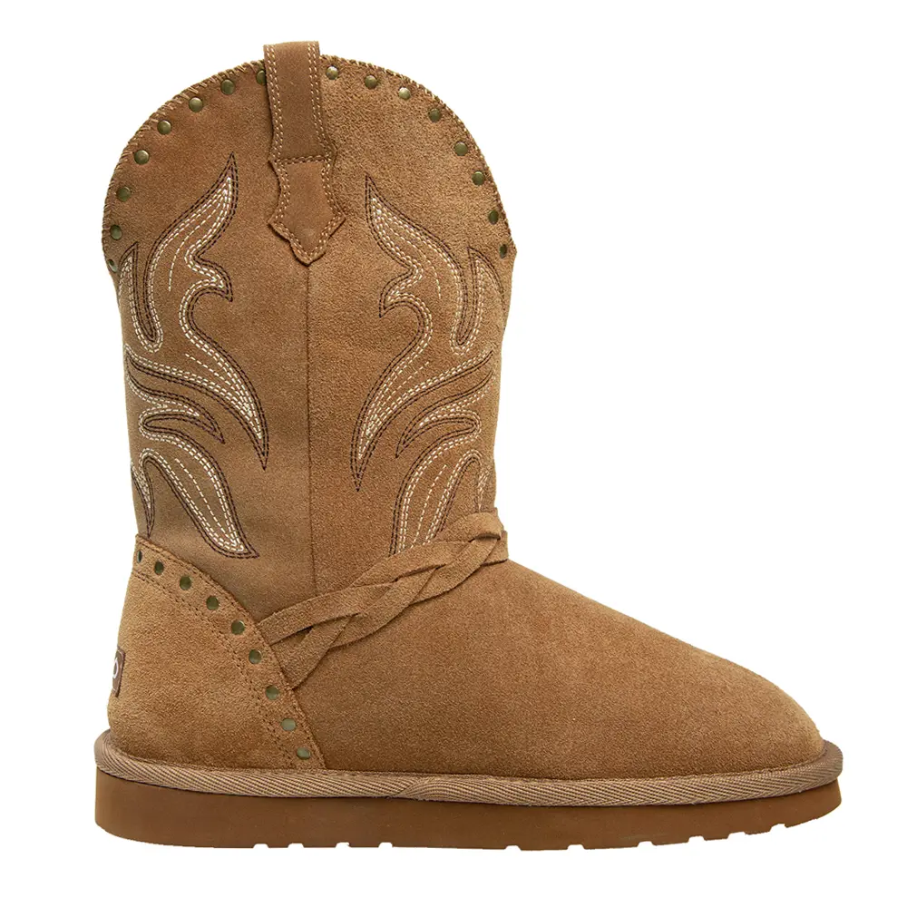 LAMO Womens Wrangler Embroidered Studded Round Toe Pull On Casual Boots Mid Calf - Brown