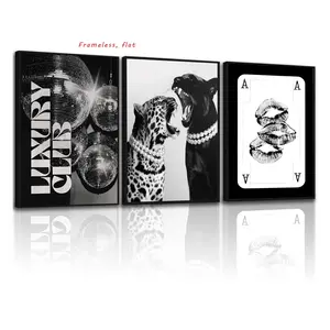3-Piece Set / Stylish Leopard-Print Disco Ball Canvas Posters, Black-and-White Leopard-Themed Gallery Wall Art, Vintage Disco Ball Art, Fashionable and Luxurious Nightclub-Style Artwork, Perfect for Dorm Rooms or Bedrooms, Frameless, Unframed Wall Art