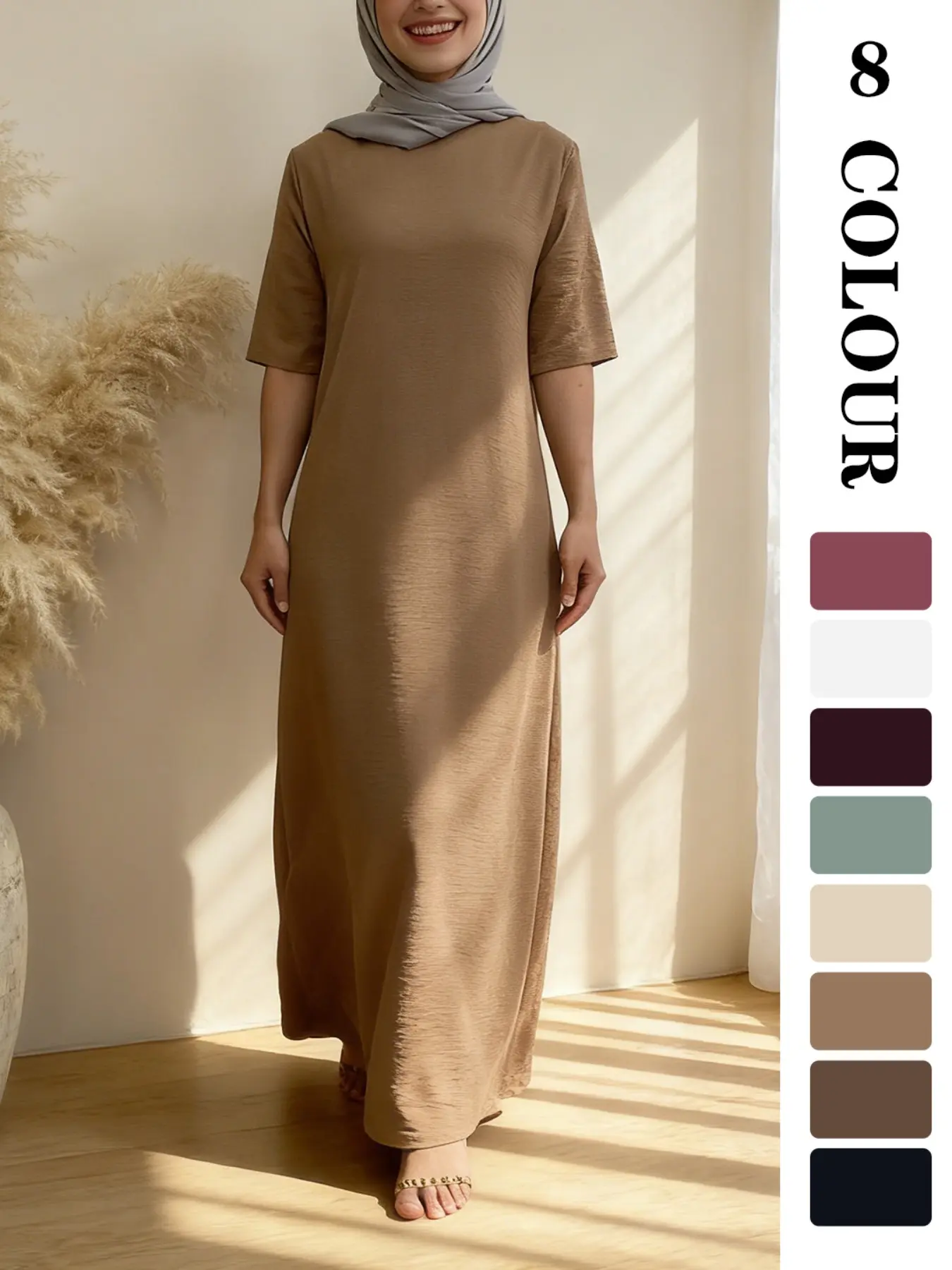 Muslim Sleepwear 8 Colors 5 Sizes, Fashion Muslim Short Sleeve Tunic Dress, Modest Summer Outfit Slimming Comfortable Breathable, Essential Home Wear for Women Modest Muslim Outfits