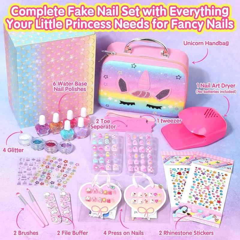 Kids Nail Polish with Press on Nails Set for Girls, Non-Toxic Nail Art Kit with Portable Dryer and Unicorn Case, Cute Stuff Gift Toys for Girls Age 8-12