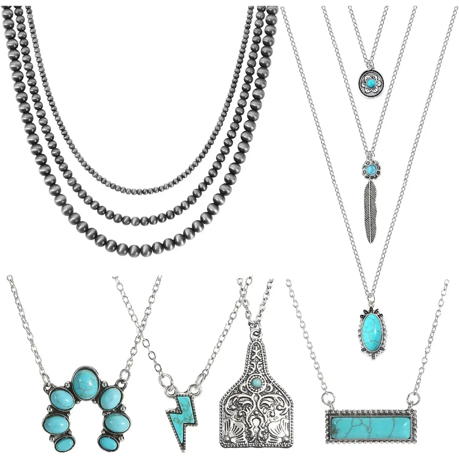 MELLOW MORNINGS 6 count Western Necklaces for Women Layered Navajo  Necklace Turquoise Cow Lightning Horseshoe Pendant Necklace Cowgirl Boho  Set