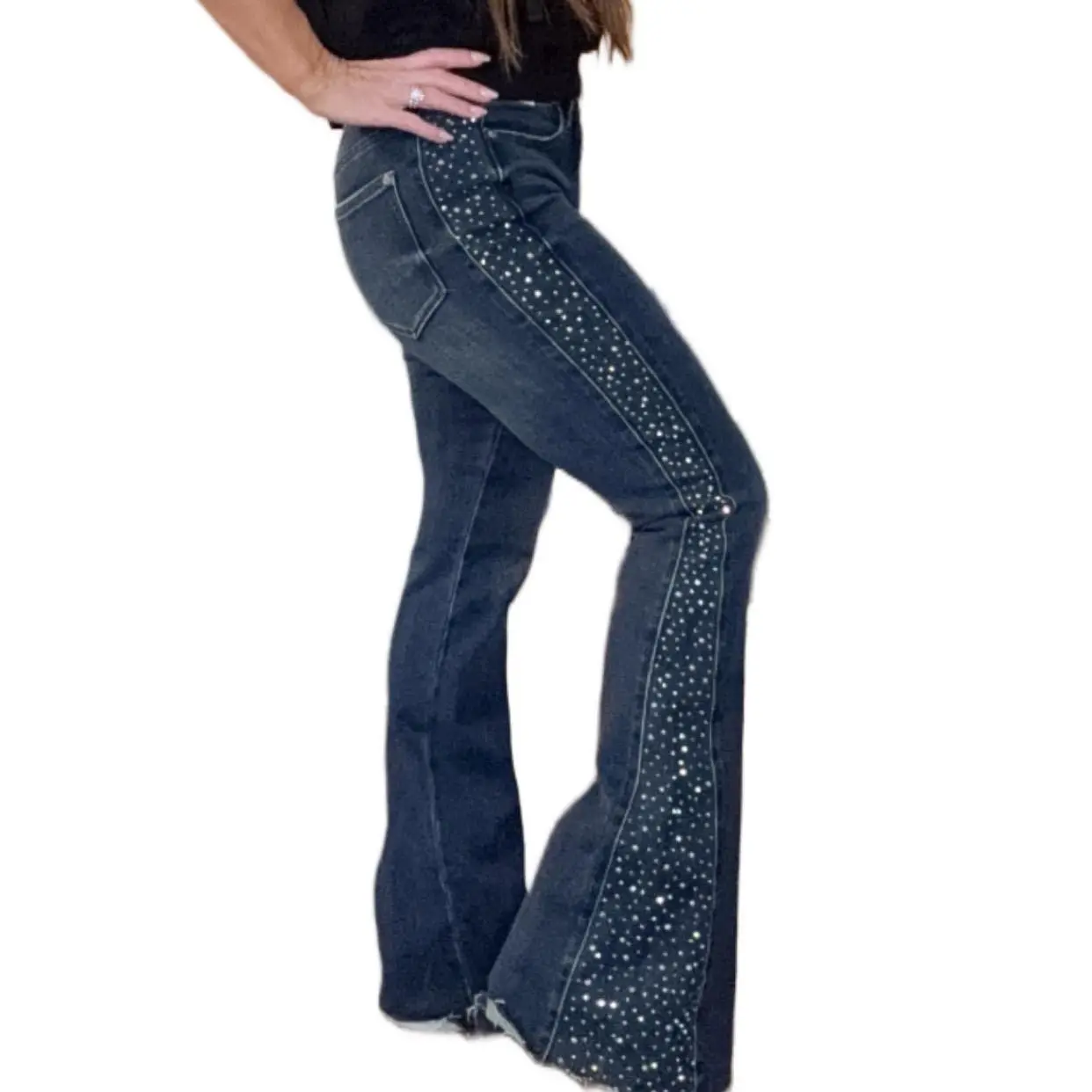 Judy Blue Dark Wash Rhinestone Flares for Women - Perfect for Any Occasion - Retro Bell Bottoms dark  jeans