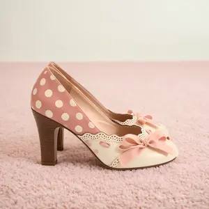 Women's Pink White Polka Dot Heels French Cute Retro Bowknot Mary Jane Pumps for Party Daily Wear