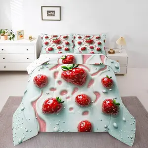 Strawberry Bedding Set,Kawaii Fruit Down Comforter,Cute Strawberries Comforter Set for Girls Teens Adult,Dessert Cream Lightweight Quilt