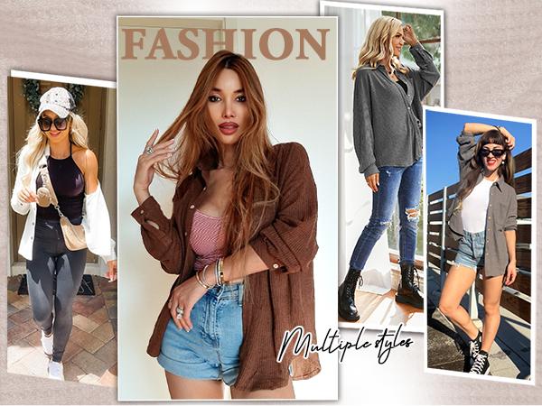 HOTOUCH Waffle Button Down Shirt Women's Casual Knit Tops Long Sleeve Loose Fit Shacket with Pocket 2025 Outfit