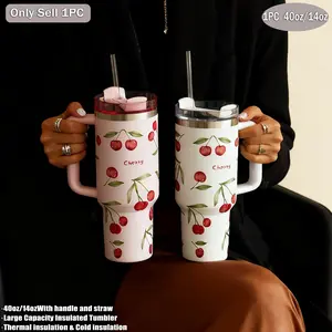 Watercolor Cherry Theme 1200ML Large Capacity Travel Mug with Handle, Insulated Stainless Steel Ice Mug with Straw for Office Home Outdoor and Gift, Vacuum Thermal Flask for Coffee and Drinks