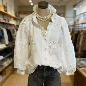 Elegant Embroidered Flower Ruffle Neck Puff Sleeve Cotton Top Women Casual Style Vintage Blouse Cute Fall Outfits for Womenswear