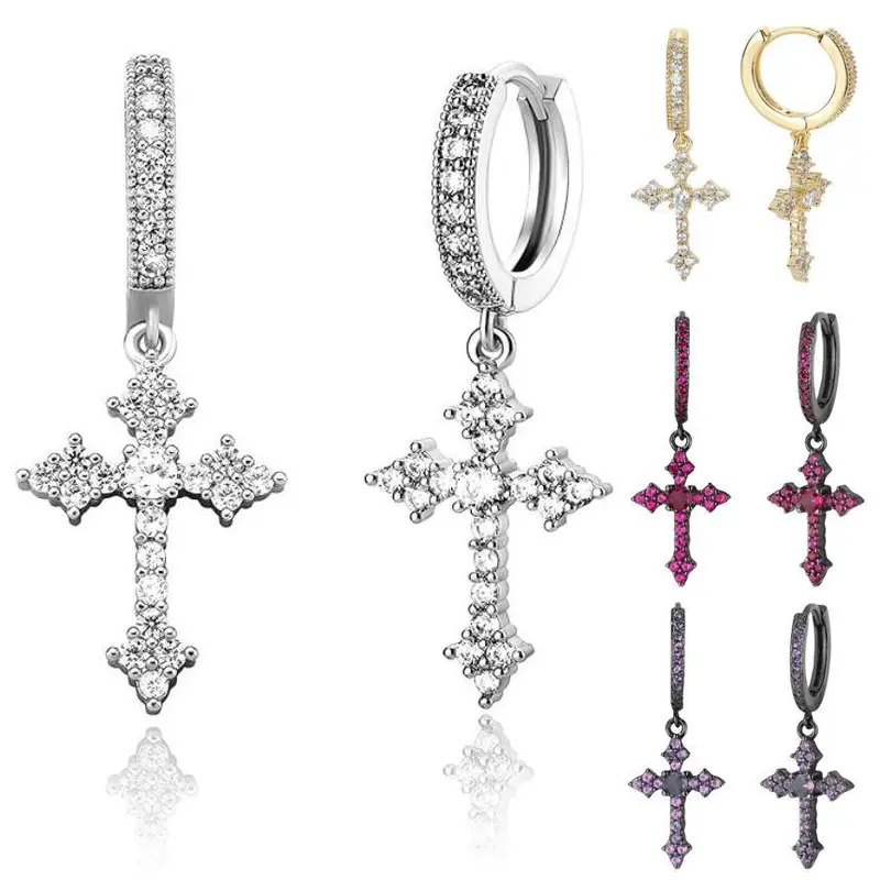 Cross Hoop Dangle Earrings 14K Gold Plated 5A+ Cubic Zirconia Cartilage Hypoallergenic Earrings For Men Women