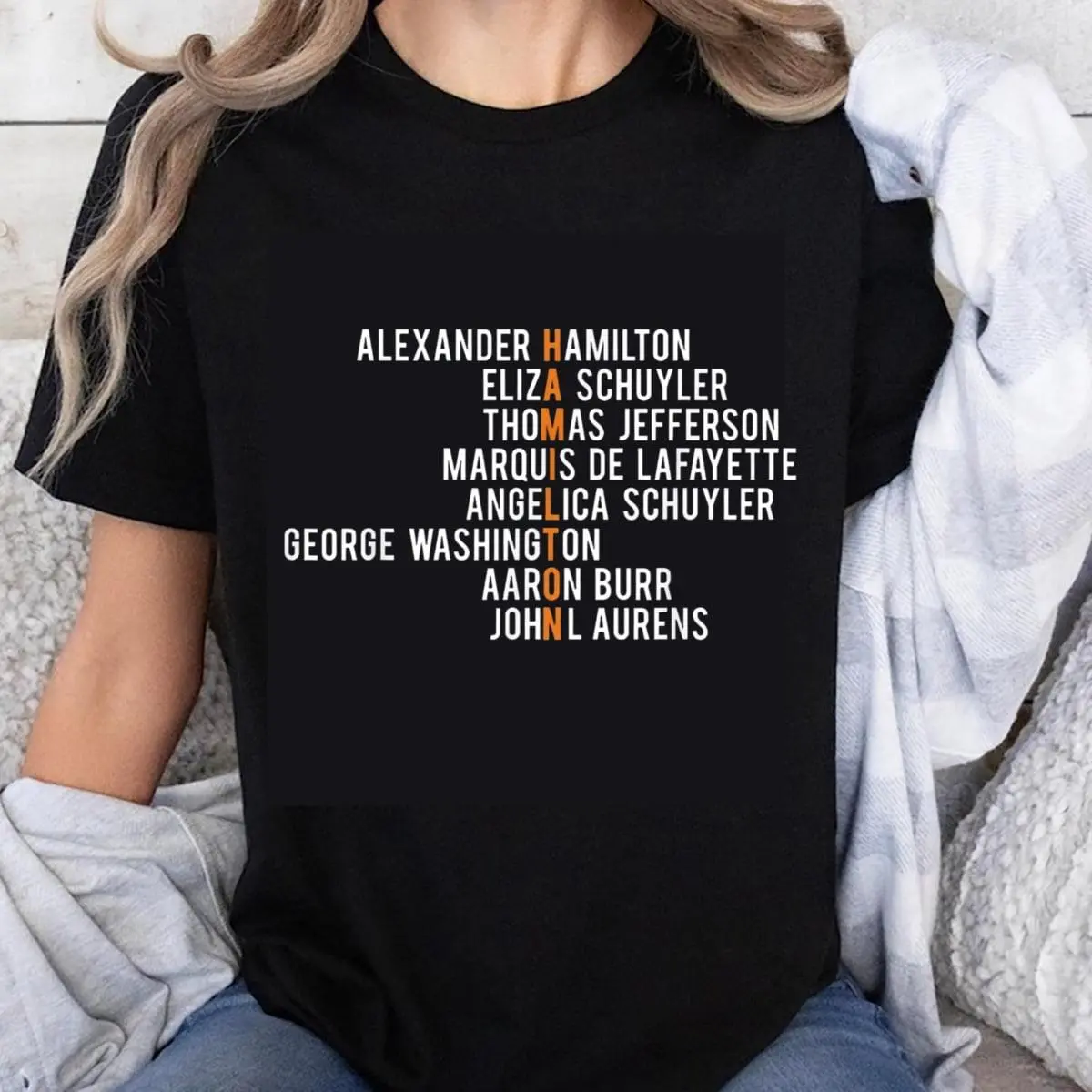 100% Cotton Hamilton Musical Characters Names T-Shirt Alexander Hamilton Eliza Schuyler Thomas Jefferson Marquis de Lafayette Angelica Schuyler George Washington Aaron Burr John Laurens