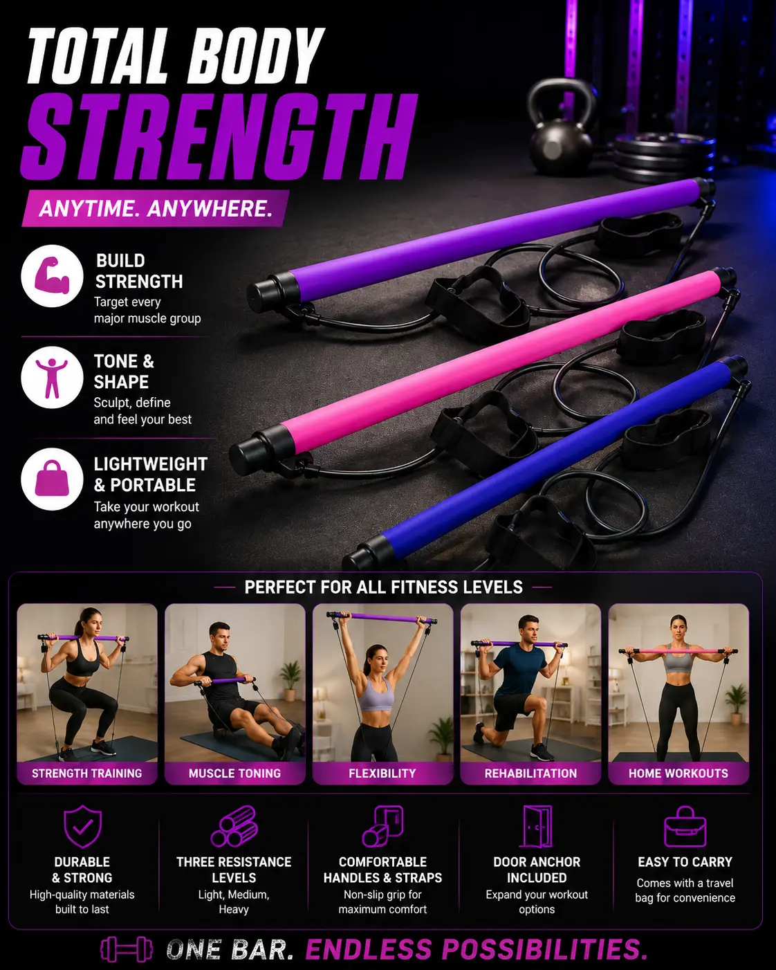 Pilates Bar Kit, Adjustable PVC Coated Compact Stick with Latex Resistance Tubes, Unisex 1 Size Strength Training Equipment for Full-Body Home Workouts, One Size, Anti-Skid Pilates