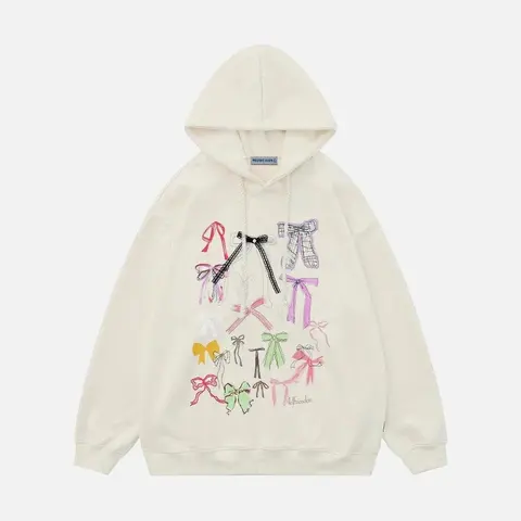 Aelfric Eden Women's Preppy Oversized Bow Cotton Fleece Hoodie - Long Sleeve Printed 1-Piece Pullover Top, Casual Fall Clothes for Parties, Party
