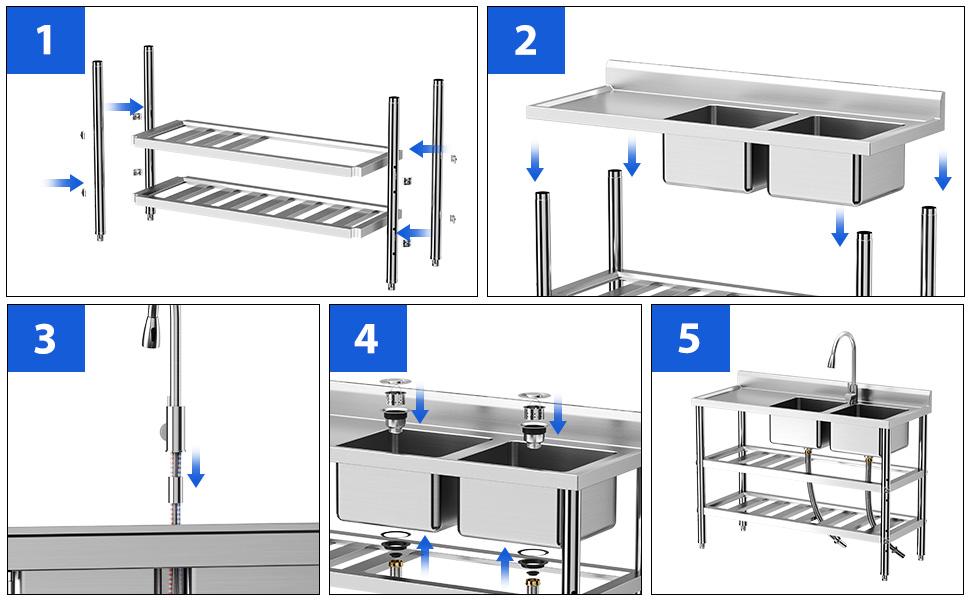 【Restock Sale】GARVEE Free Standing Commercial Kitchen Sink, Stainless Steel Utility Sink with Hot & Cold Hoses, Stainless Steel Double Bowl Utility Sink Set for Garage, Restaurant, Kitchen, Outdoor