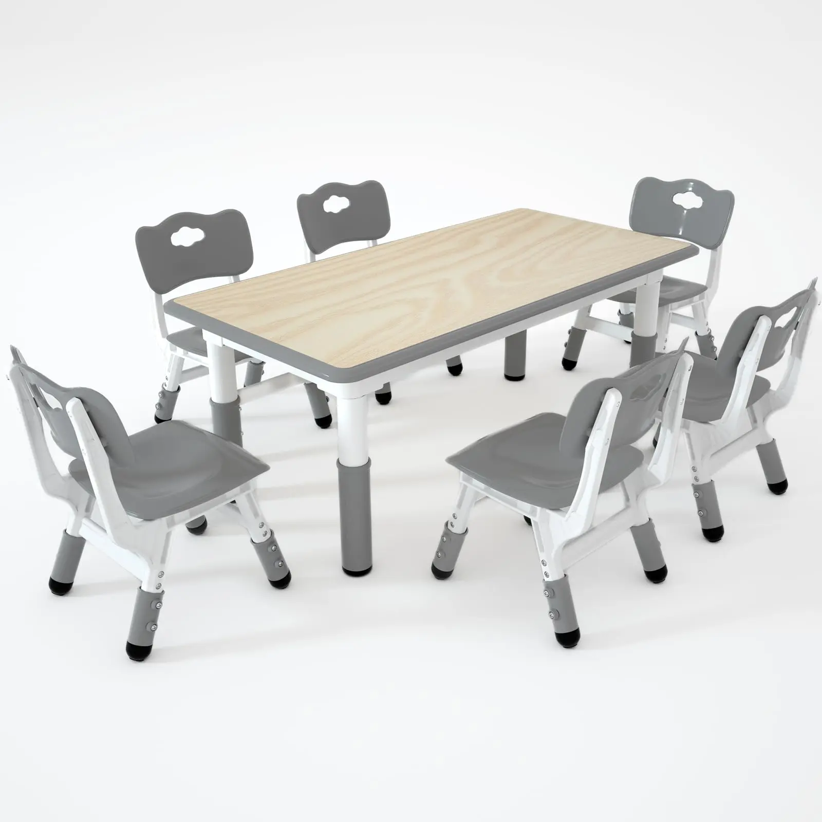 Kids Table and 6 Chairs Set，Height Adjustable Children Table & Chair，Toddlers Study Multi-Activity Table with 47.2"x23.6" Wipe-Clean Desktop，for Classrooms, Homes & Daycares , GRAY, BLUE, BROWN