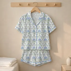 Blue Hydrangea Print Pajama Set for Women, Summer Floral Lounge PJs with Green Piping, Botanical Sleepwear Set, Bridesmaid Gift