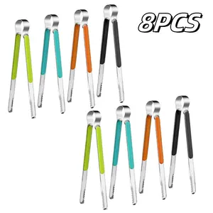 8PCS Stainless Steel Kitchen Tong, 10 inch Heavy Duty Serving Tong with Heat-Resistant Handle, Grill Clamp Beefsteak Clip for Cooking, BBQ, Meat, Salad, Ice