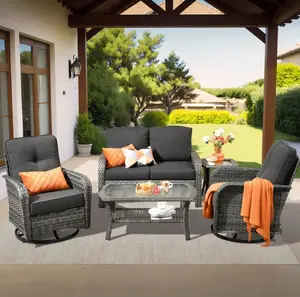 Ooswift 5-Piece Patio Furniture Set with Swivel Chairs, Outdoor Wicker Sofa Conversation Set with Thick Cushions & Tempered Glass Table, All-Weather PE Rattan Seating for Backyard, Porch, Pool