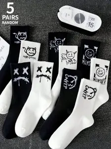 5 pairs of men's breathable mid-calf socks with graffiti designs, perfect for outdoor activities and everyday streetwear. Suitable for all seasons.